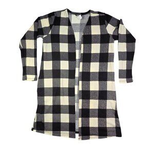 Heimish USA Open Longline Cardigan Black White Buffalo Plaid Pockets Womens Med